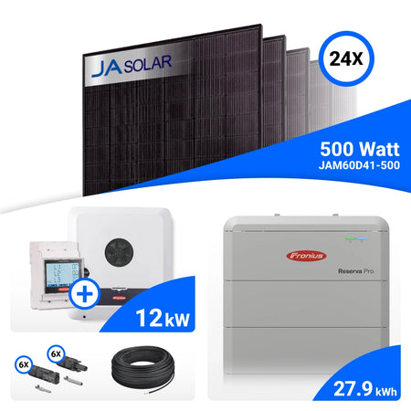 PV-Komplettset 12 kWp mit 24 JA Solar 500 W Full Black Modulen, Fronius SYMO-GEN24 12.0 Plus SC und Fronius Reserva Pro 28.0 Speicher