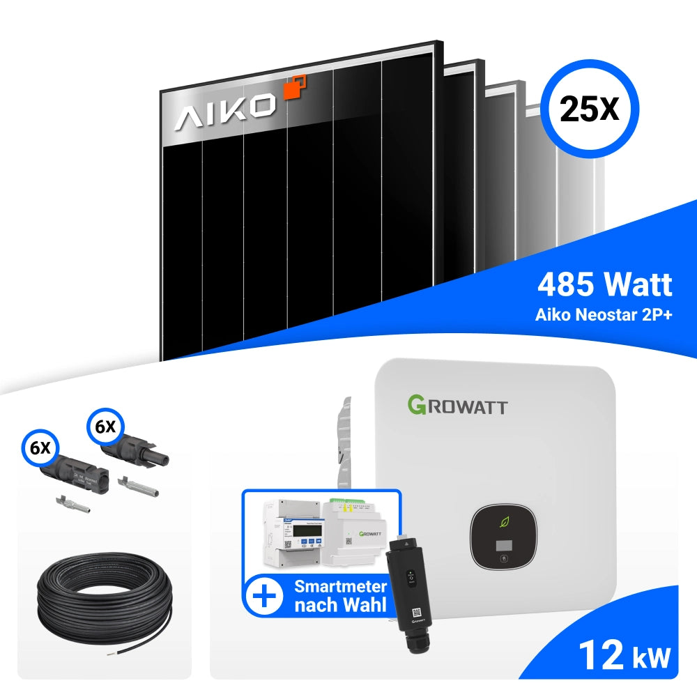 Lieferumfang PV Komplettset 12 kWp mit AIKO 485W Black Frame und Growatt MOD12KTL3-HU