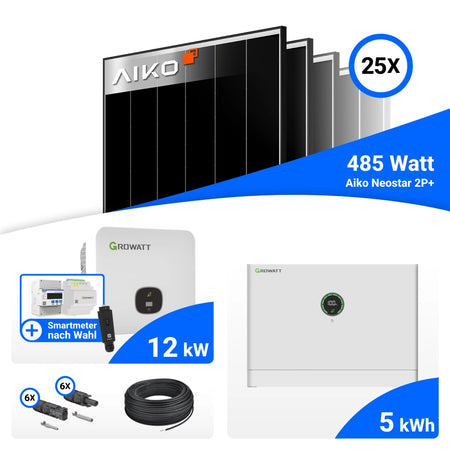 Alle Komponenten PV Komplettset 12 kWp mit AIKO 485W Black Frame und Growatt MOD12KTL3-HU