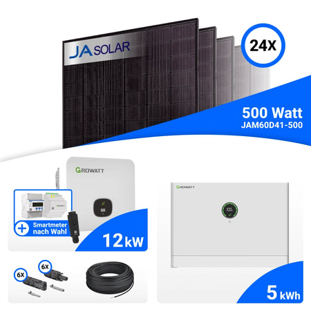 PV-Komplettset 12 kWp mit 24 JA Solar 500 W Full Black Modulen, Growatt MOD 12KTL3-HU, Growatt GroHomeManager-X und Growatt APX 5.0M-S3 Speicher