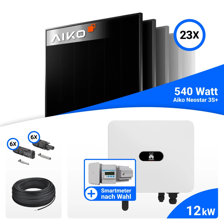 PV Komplettset 12 kWp – 23x AIKO 540W Full Black & Huawei SUN2000-12K-MB0 mit Speicheroption