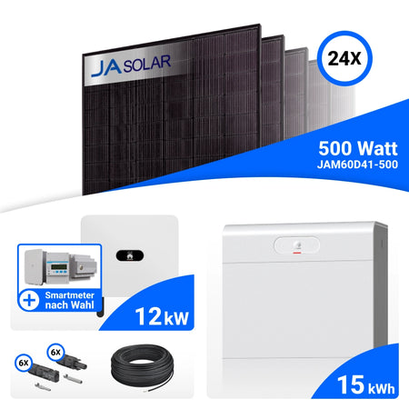 PV-Komplettset 12 kWp mit 24 JA Solar 500 W Full Black Modulen, Huawei SUN2000-12K-MB0, Huawei SA4H-A02 / EMMA-A02 Energiemanagement Assistent und Huawei LUNA2000-15-S1 Speicher
