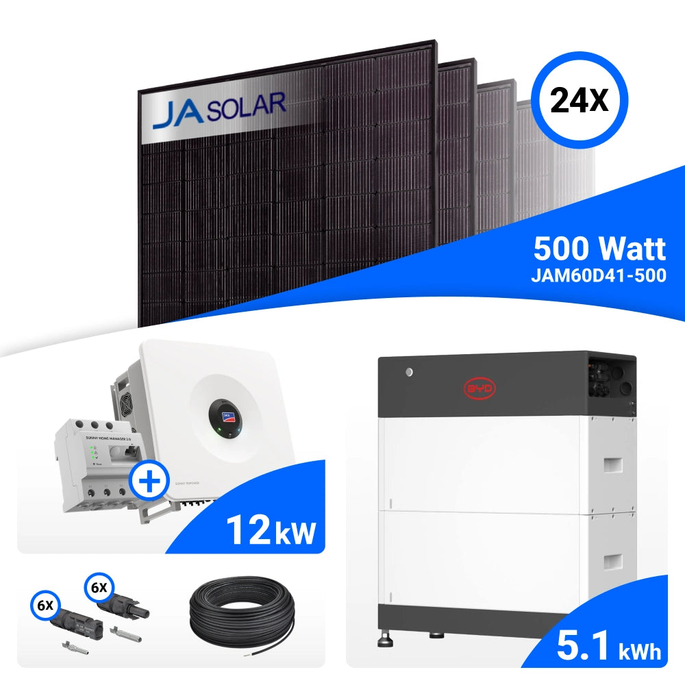 PV-Komplettset 12 kWp mit 24 JA Solar 500 W Full Black Modulen, SMA Sunny Tripower Hybrid X 12.0 und BYD HVS+ Speicher mit 5,1 kWh, mit Backup-Kit