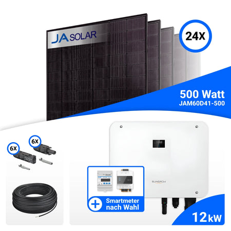 PV-Komplettset 12 kWp mit 24 JA Solar 500 W Full Black Modulen, Sungrow SH12T und Sungrow iHome Manager, ohne Speicher