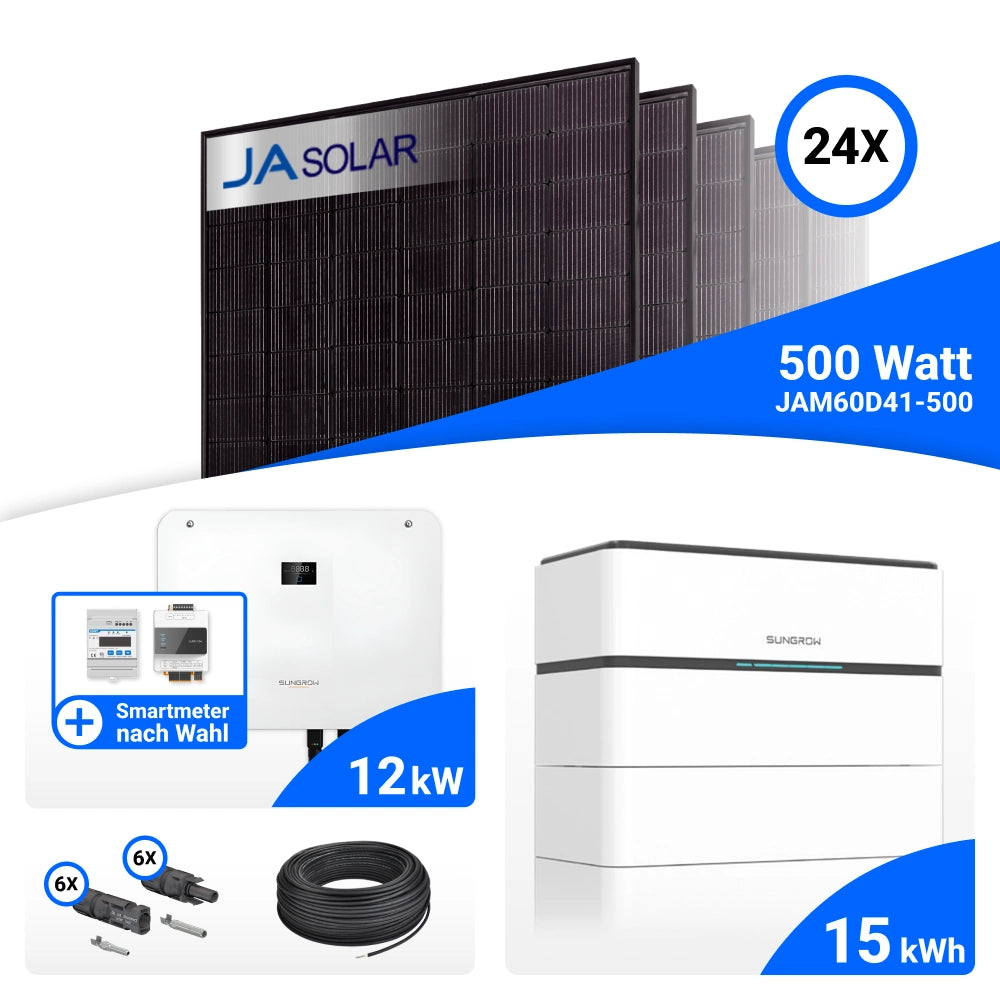 PV-Komplettset 12 kWp mit 24 JA Solar 500 W Full Black Modulen, Sungrow SH12T, Sungrow iHome Manager und Sungrow SBH150 Speicher