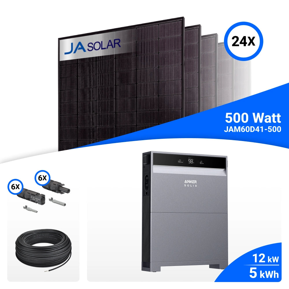 PV-Komplettset 12 kWp mit 24 JA Solar 500 W Full Black Modulen, Anker SOLIX X1-H12K-T und Anker X1 Speicher mit 5 kWh