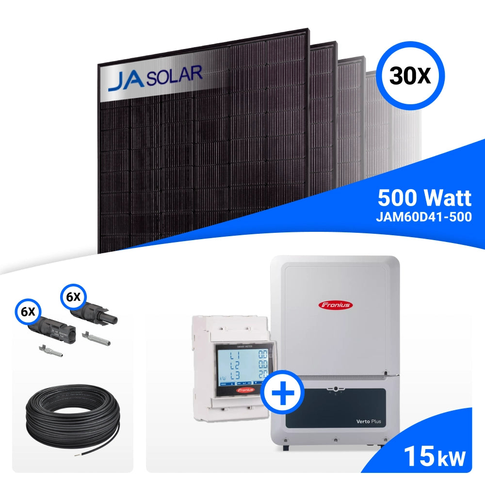 PV-Komplettset 15 kWp mit 30 JA Solar 500 W Full Black Modulen und Fronius Verto Plus 15.0, ohne Speicher