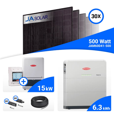 PV-Komplettset 15 kWp mit 30 JA Solar 500 W Full Black Modulen, Fronius Verto Plus 15.0 und Fronius Reserva 6.3 Speicher