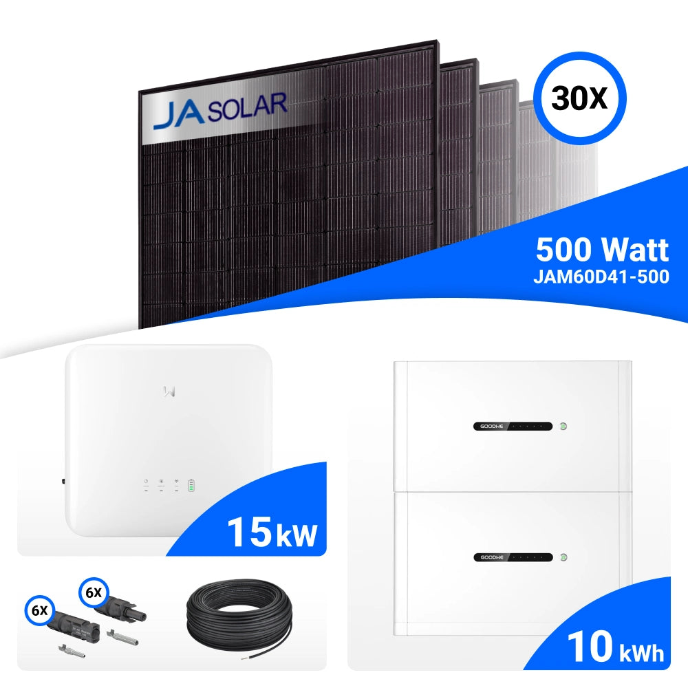 PV-Komplettset 15 kWp mit 30 JA Solar 500 W Full Black Modulen, GoodWe GW15K-ET-20 und GoodWe Lynx D Speicher mit 10 kWh