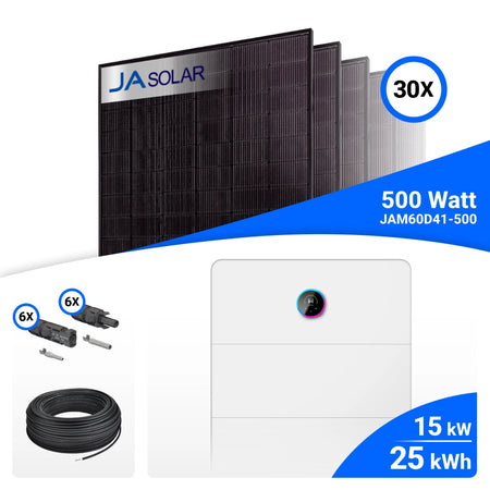 PV-Komplettset 15 kWp mit 30 JA Solar 500 W Full Black Modulen und GoodWe ESA All-in-One-System mit GW5-Speicher, 25 kWh