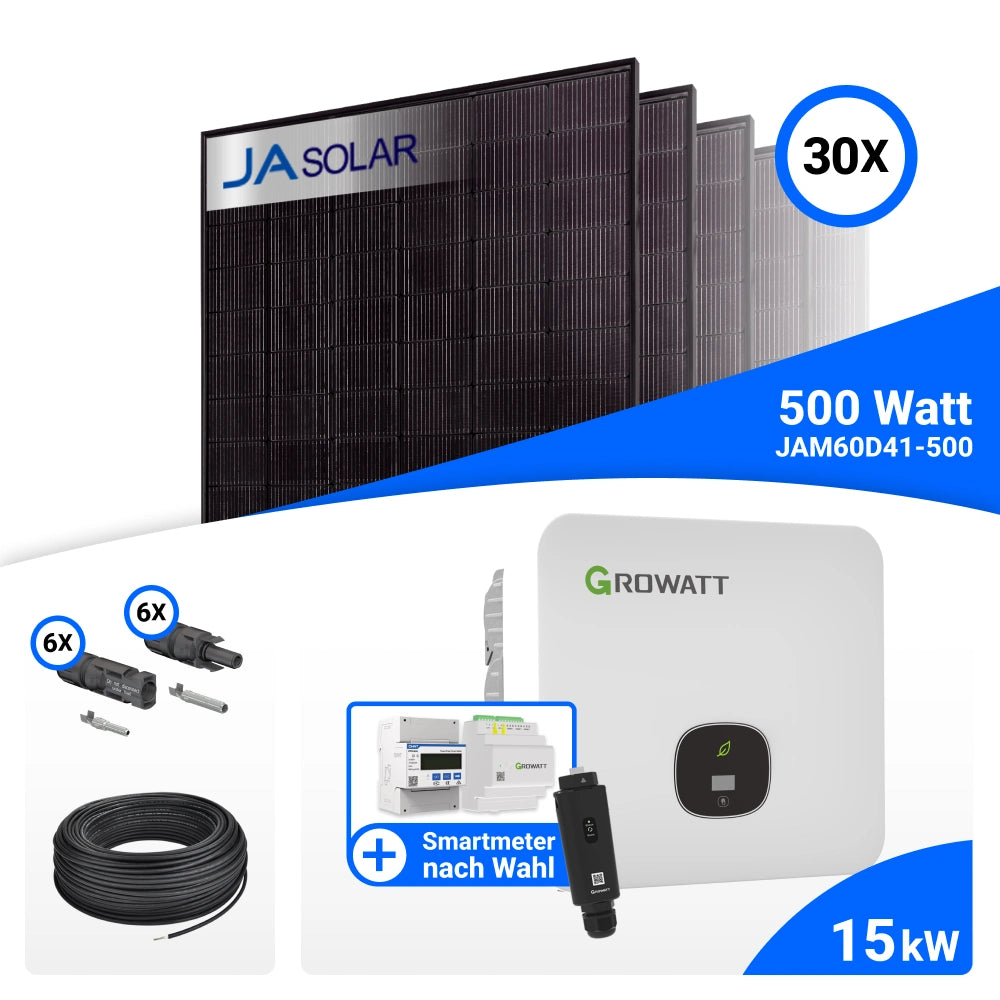 PV-Komplettset 15 kWp mit 30 JA Solar 500 W Full Black Modulen, Growatt MOD 15KTL3-HU und Growatt GroHomeManager-X, ohne Speicher