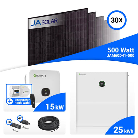 PV-Komplettset 15 kWp mit 30 JA Solar 500 W Full Black Modulen, Growatt MOD 15KTL3-HU, Growatt GroHomeManager-X und Growatt APX 25.0M-S3 Speicher