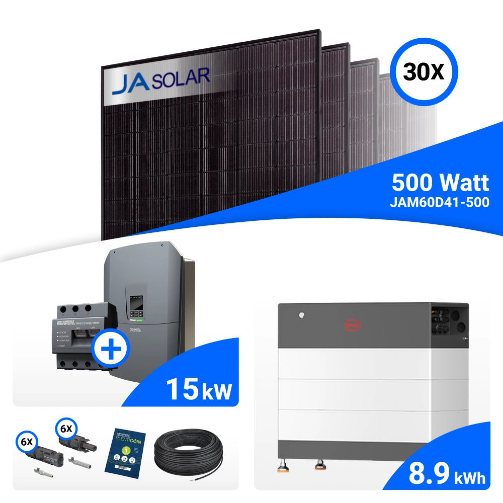 PV-Komplettset 15 kWp mit 30 JA Solar 500 W Full Black Modulen, Kostal Plenticore G3 L und BYD HVB Speicher mit 8,9 kWh
