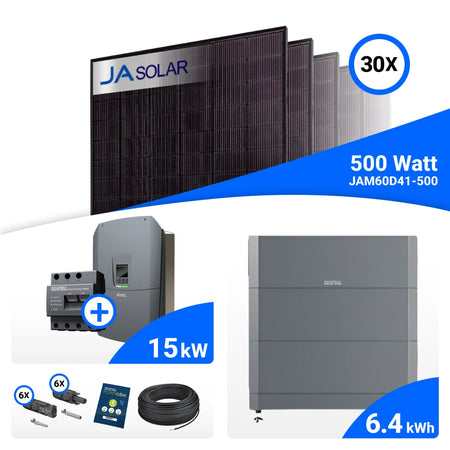 PV-Komplettset 15 kWp mit 30 JA Solar 500 W Full Black Modulen, Kostal Plenticore G3 L und Helivor HV Speicher mit 6,4 kWh