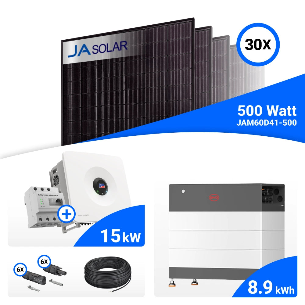 PV-Komplettset 15 kWp mit 30 JA Solar 500 W Full Black Modulen, SMA Sunny Tripower Hybrid X 15.0 und BYD HVB Speicher mit 8,9 kWh, ohne Backup