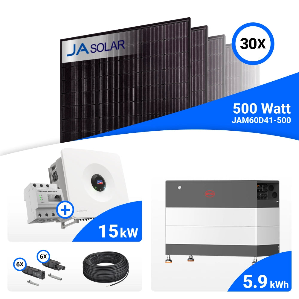 PV-Komplettset 15 kWp mit 30 JA Solar 500 W Full Black Modulen, SMA Sunny Tripower Hybrid X 15.0 und BYD HVB Speicher mit 5,9 kWh, mit Backup-Kit