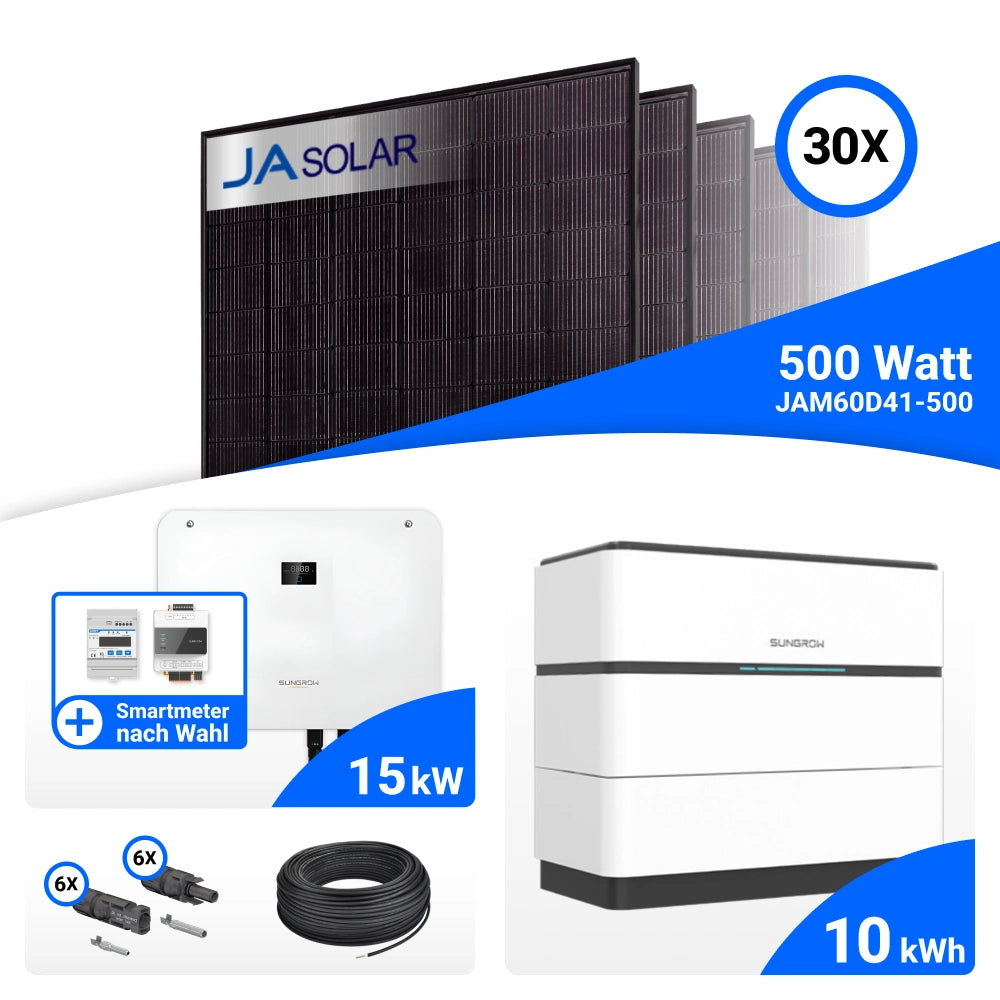 PV-Komplettset 15 kWp mit 30 JA Solar 500 W Full Black Modulen, Sungrow SH15T, Sungrow iHome Manager und Sungrow SBH100 Speicher