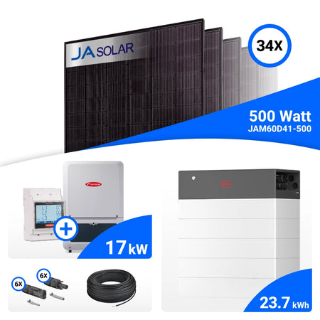 PV-Komplettset 17 kWp mit 34 JA Solar 500 W Full Black Modulen, Fronius Verto Plus 17.5 und BYD HVB Speicher mit 23,7 kWh