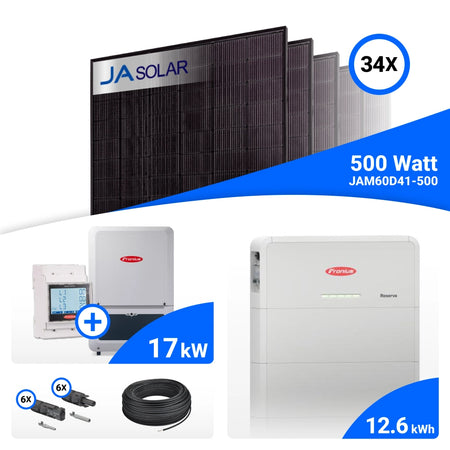 PV-Komplettset 17 kWp mit 34 JA Solar 500 W Full Black Modulen, Fronius Verto Plus 17.5 und Fronius Reserva 12.6 Speicher