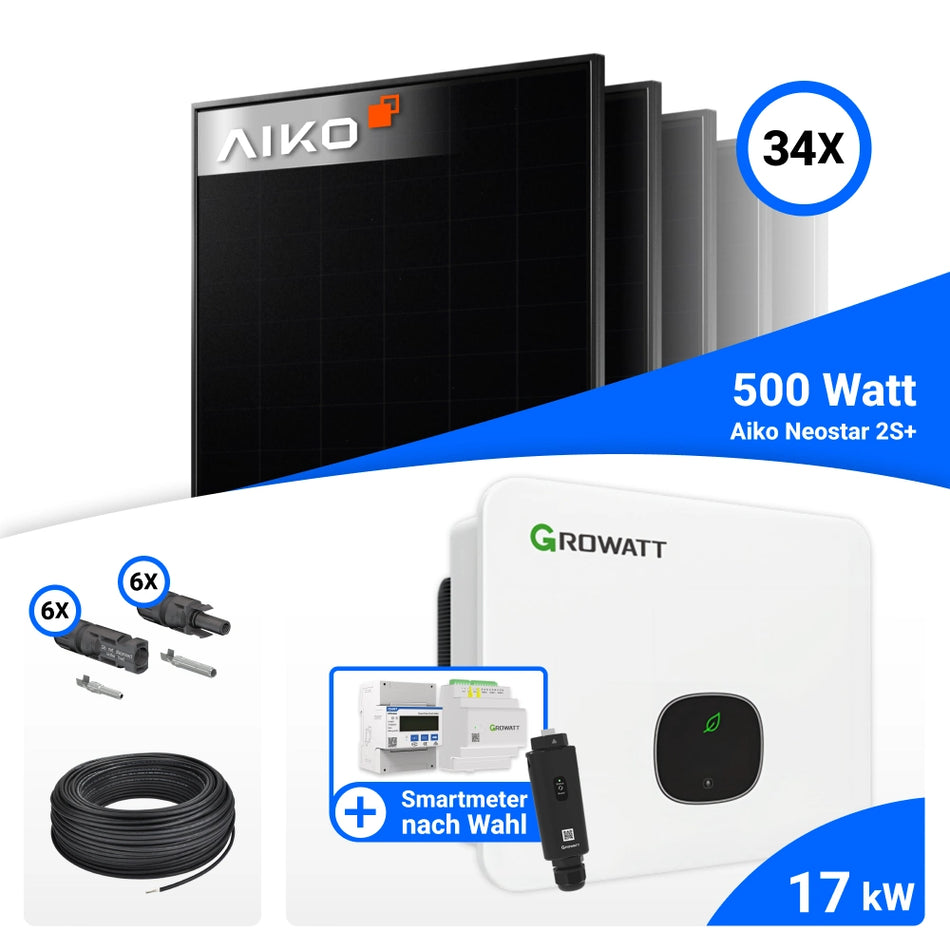 PV Komplettset 17 kWp – 34x AIKO 500W Full Black & Growatt MID17KTL3-XH mit Speicheroption