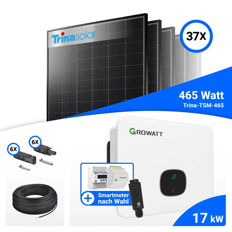 PV Komplettset 17 kWp – 37x Trina 465W Black Frame & Growatt MID17KTL3-XH mit Speicheroption