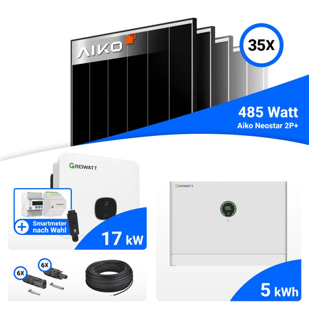 PV Komplettset 17 kWp mit AIKO 485W Black Frame Solarmodulen und Growatt MID17KTL3-XH Wechselrichter