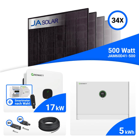 PV-Komplettset 17 kWp mit 34 JA Solar 500 W Full Black Modulen, Growatt MID17KTL3-XH, Growatt Smart Meter TPM-C und Growatt APX 5.0M-S3 Speicher