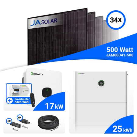 PV-Komplettset 17 kWp mit 34 JA Solar 500 W Full Black Modulen, Growatt MID17KTL3-XH, Growatt Smart Meter TPM-C und Growatt APX 25.0M-S3 Speicher