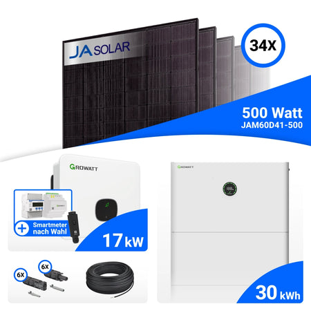 PV-Komplettset 17 kWp mit 34 JA Solar 500 W Full Black Modulen, Growatt MID17KTL3-XH, Growatt Smart Meter TPM-C und Growatt APX 30.0M-S3 Speicher