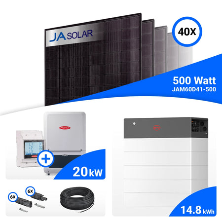 PV-Komplettset 20 kWp mit 40 JA Solar 500 W Full Black Modulen, Fronius Verto Plus 20.0 und BYD HVB Speicher mit 14,8 kWh