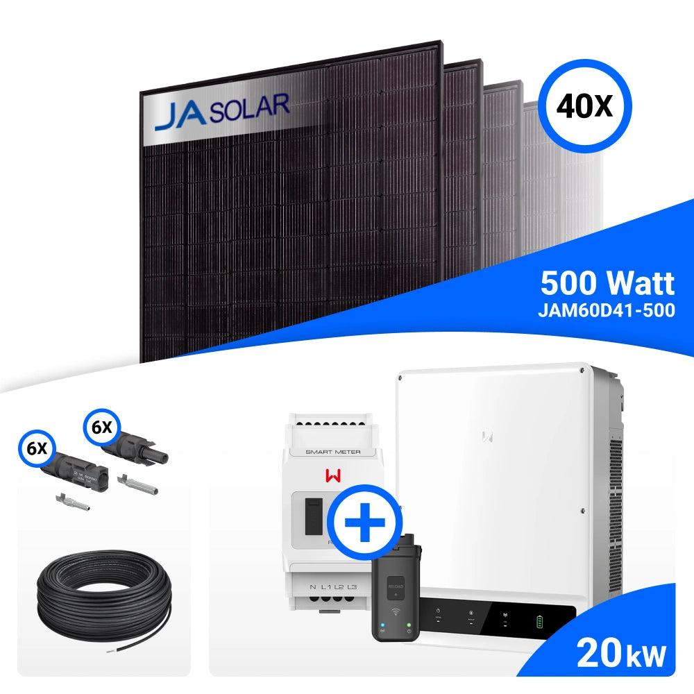 PV-Komplettset 20 kWp mit 40 JA Solar 500 W Full Black Modulen und GoodWe GW20K-ET, ohne Speicher