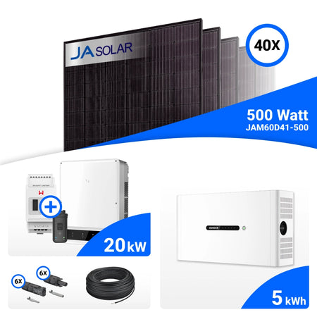 PV-Komplettset 20 kWp mit 40 JA Solar 500 W Full Black Modulen, GoodWe GW20K-ET und GoodWe Lynx D Speicher mit 5 kWh