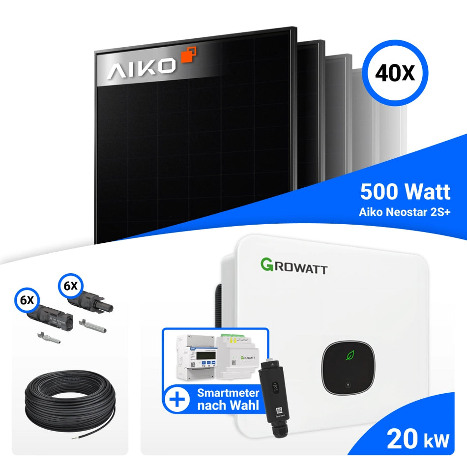 PV Komplettset 20 kWp – 40x AIKO 500W Full Black & Growatt MID20KTL3-XH mit Speicheroption