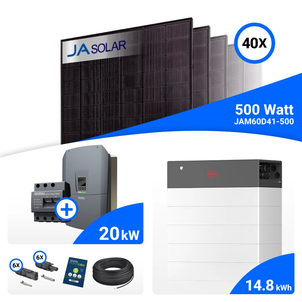 PV-Komplettset 20 kWp mit 40 JA Solar 500 W Full Black Modulen, Kostal Plenticore G3 L und BYD HVB Speicher mit 14,8 kWh
