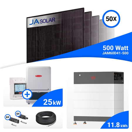 PV-Komplettset 25 kWp mit 50 JA Solar 500 W Full Black Modulen, Fronius Verto Plus 25.0 und BYD HVB Speicher mit 11,8 kWh