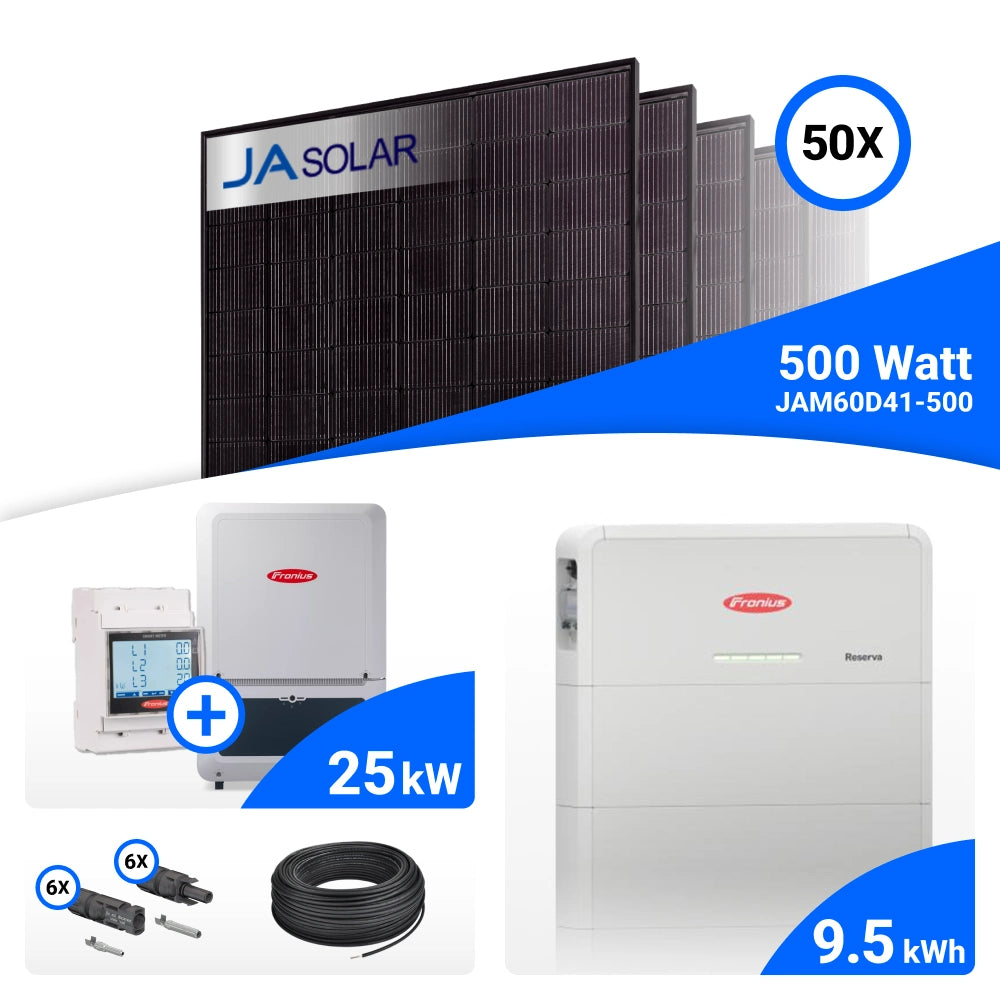 PV-Komplettset 25 kWp mit 50 JA Solar 500 W Full Black Modulen, Fronius Verto Plus 25.0 und Fronius Reserva 9.5 Speicher