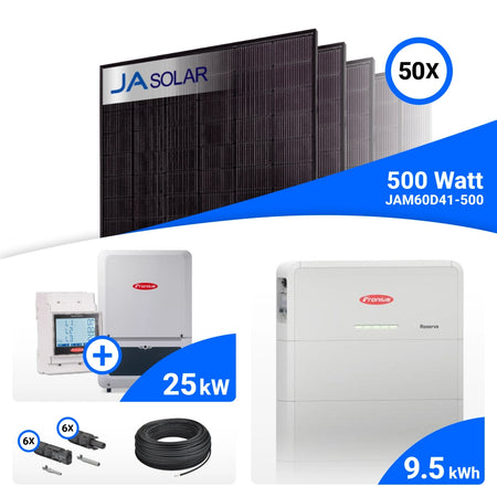 PV-Komplettset 25 kWp mit 50 JA Solar 500 W Full Black Modulen, Fronius Verto Plus 25.0 und Fronius Reserva 9.5 Speicher