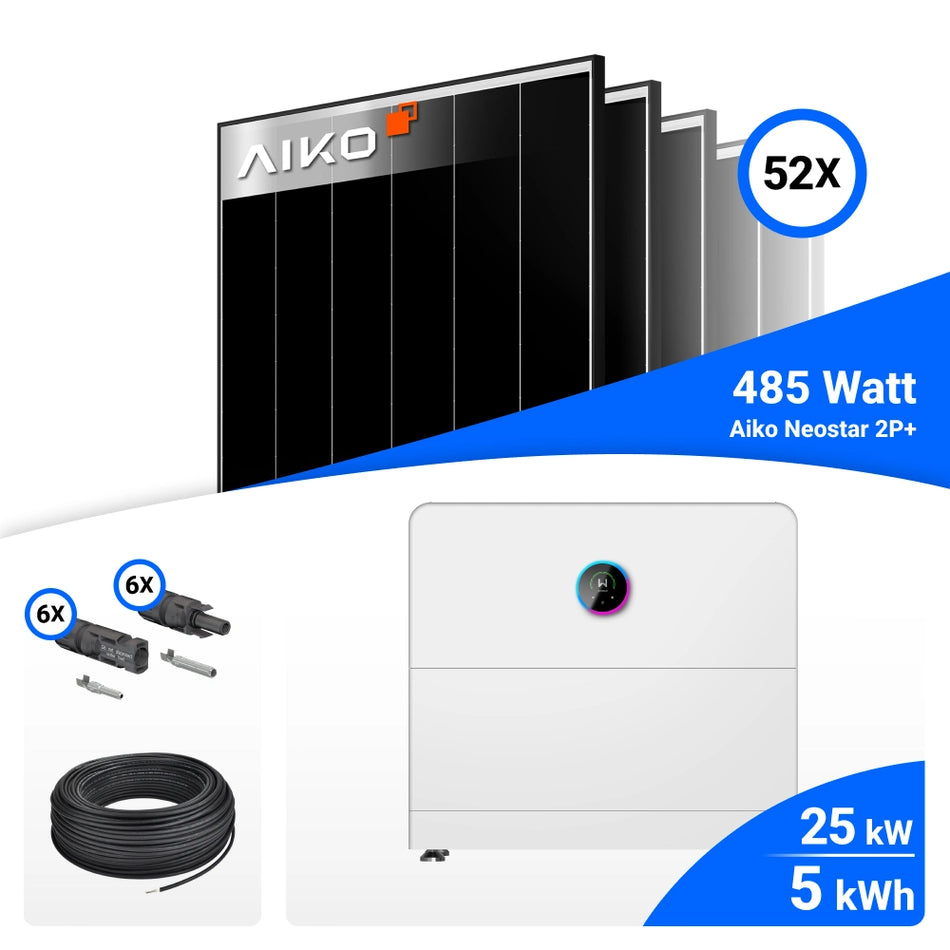 PV-Komplettset mit 52 AIKO 485-W-Solarmodulen, GoodWe 25-kW-Wechselrichter mit 5-kWh-Speicher, Anschlusskabeln und Steckverbindern.