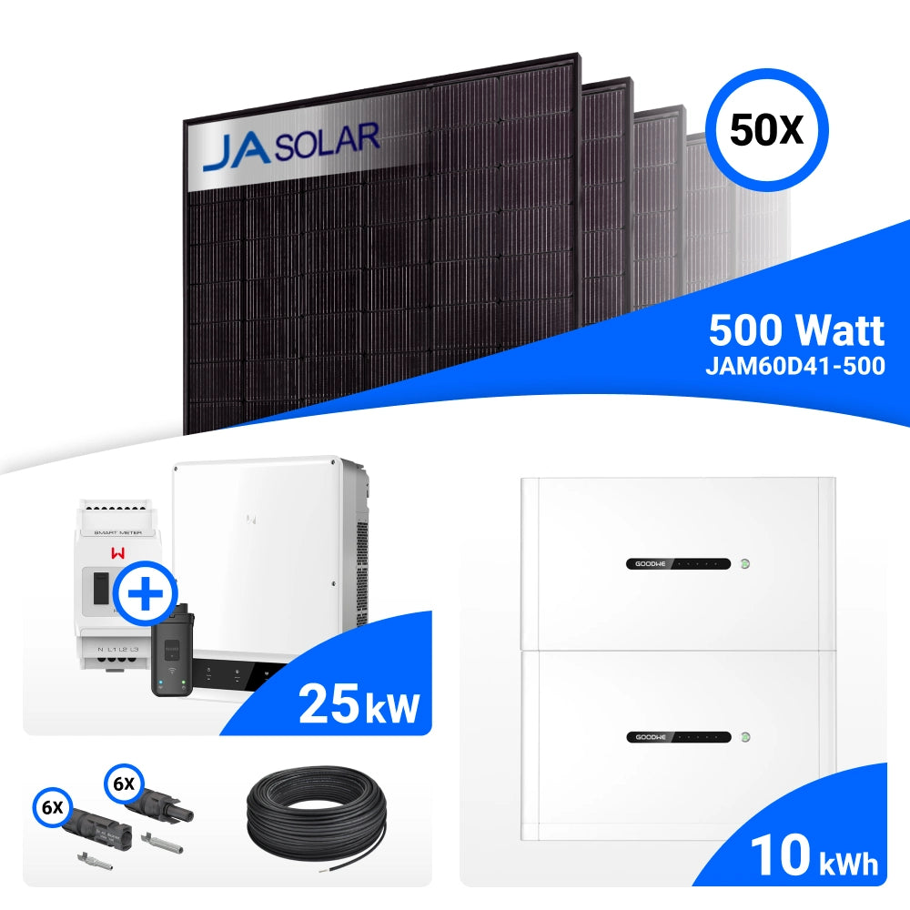 PV-Komplettset 25 kWp mit 50 JA Solar 500 W Full Black Modulen, GoodWe GW25K-ET und GoodWe Lynx D Speicher mit 10 kWh