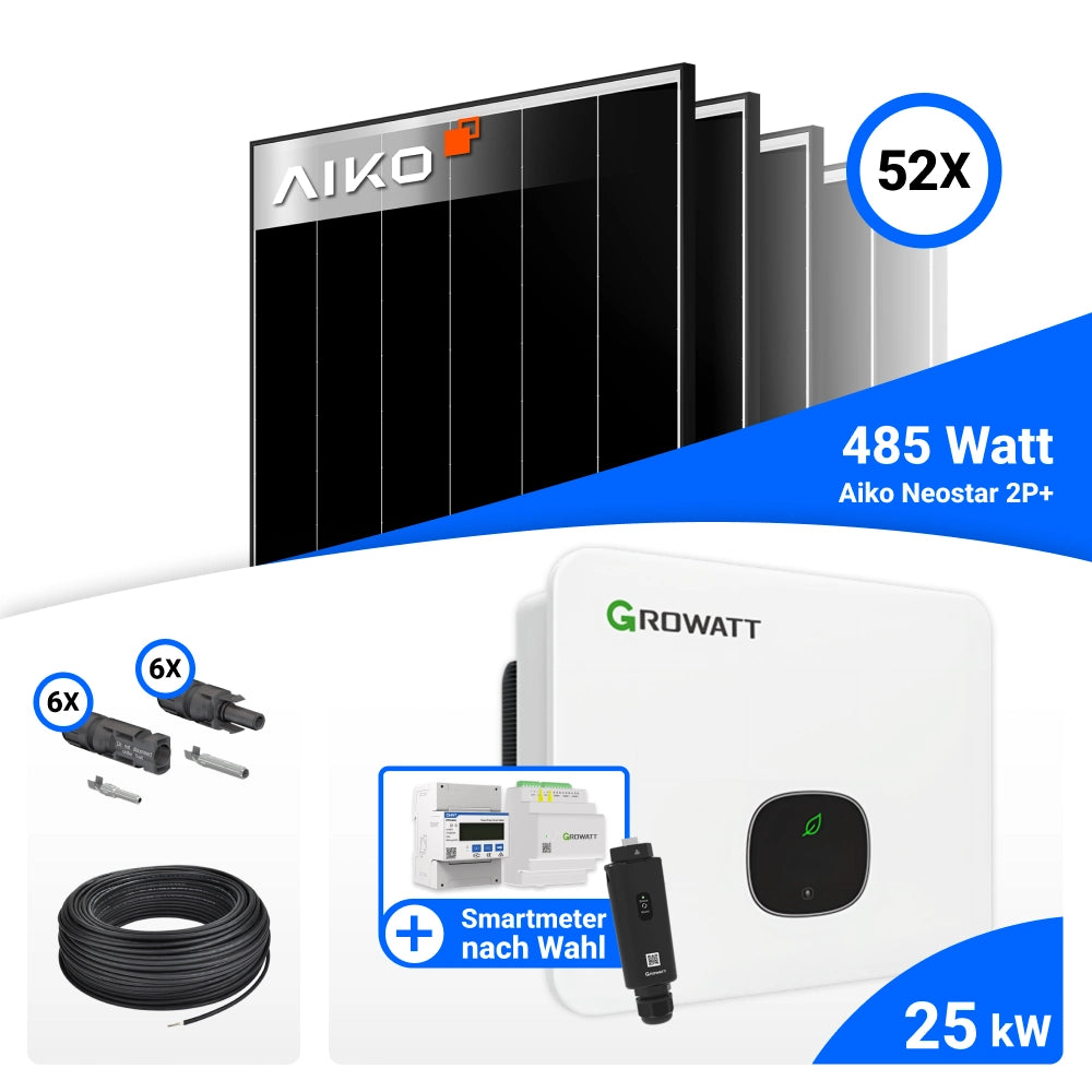 Lieferumfang PV Komplettset 25 kWp mit AIKO 485W Black Frame und Growatt MID25KTL3-XH