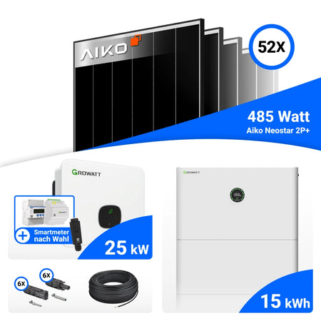 PV Komplettset 25 kWp mit AIKO 485W Black Frame Solarmodulen und Growatt MID25KTL3-XH Wechselrichter