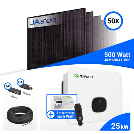 PV-Komplettset 25 kWp mit 50 JA Solar 500 W Full Black Modulen, Growatt MID25KTL3-XH und Growatt Smart Meter TPM-C, ohne Speicher