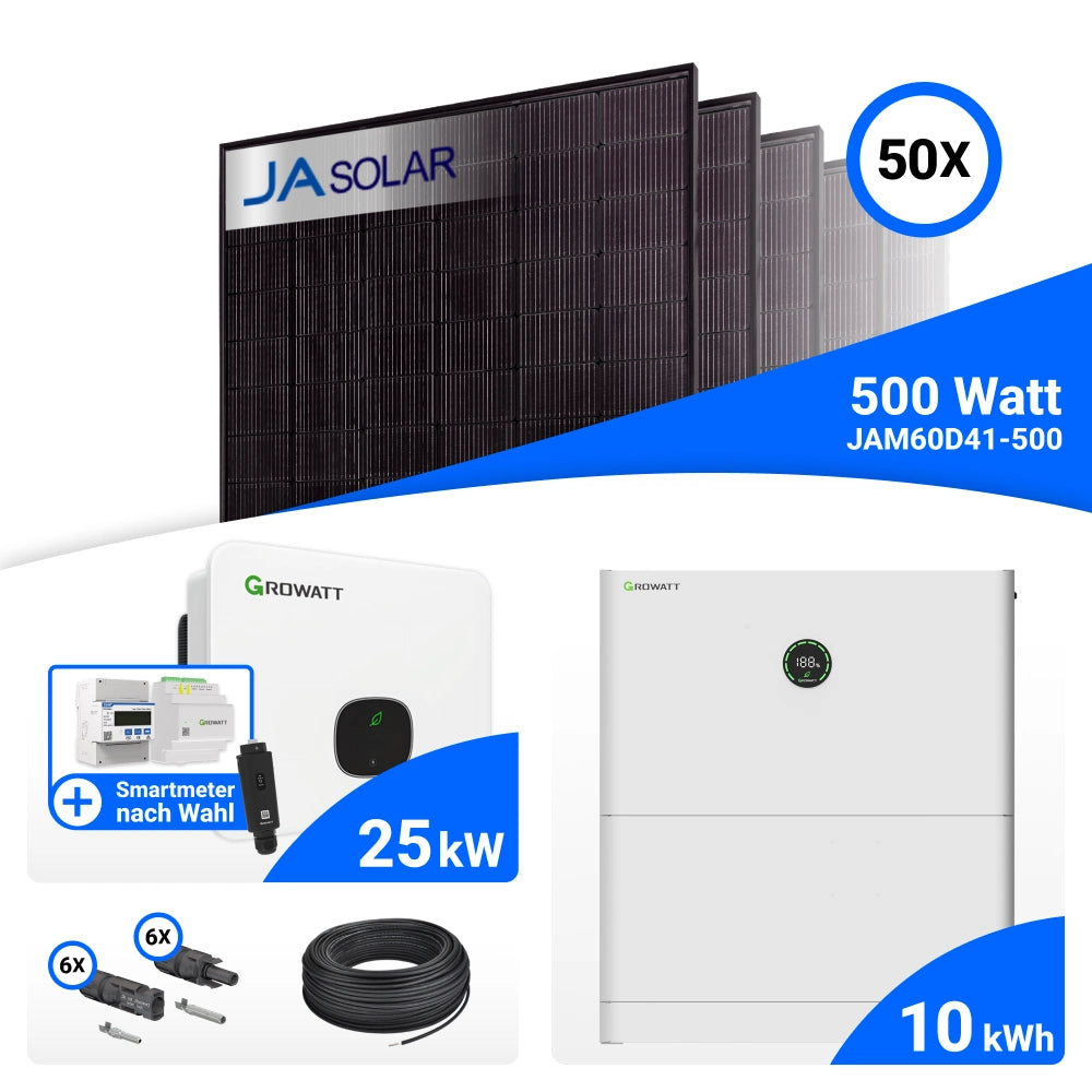 PV-Komplettset 25 kWp mit 50 JA Solar 500 W Full Black Modulen, Growatt MID25KTL3-XH, Growatt GroHomeManager-X und Growatt APX 10.0M-S3 Speicher