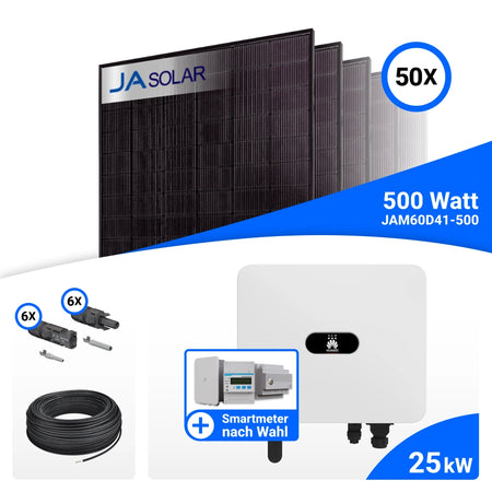 PV-Komplettset 25 kWp mit 50 JA Solar 500 W Full Black Modulen, Huawei SUN2000-25K-MB0 und Huawei SA4H-A02 / EMMA-A02 Energiemanagement Assistent, ohne Speicher
