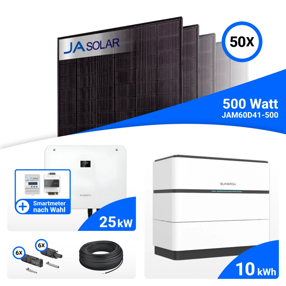 PV-Komplettset 25 kWp mit 50 JA Solar 500 W Full Black Modulen, Sungrow SH25T, Sungrow Smart Meter DTSU666-20 und Sungrow SBH100 Speicher