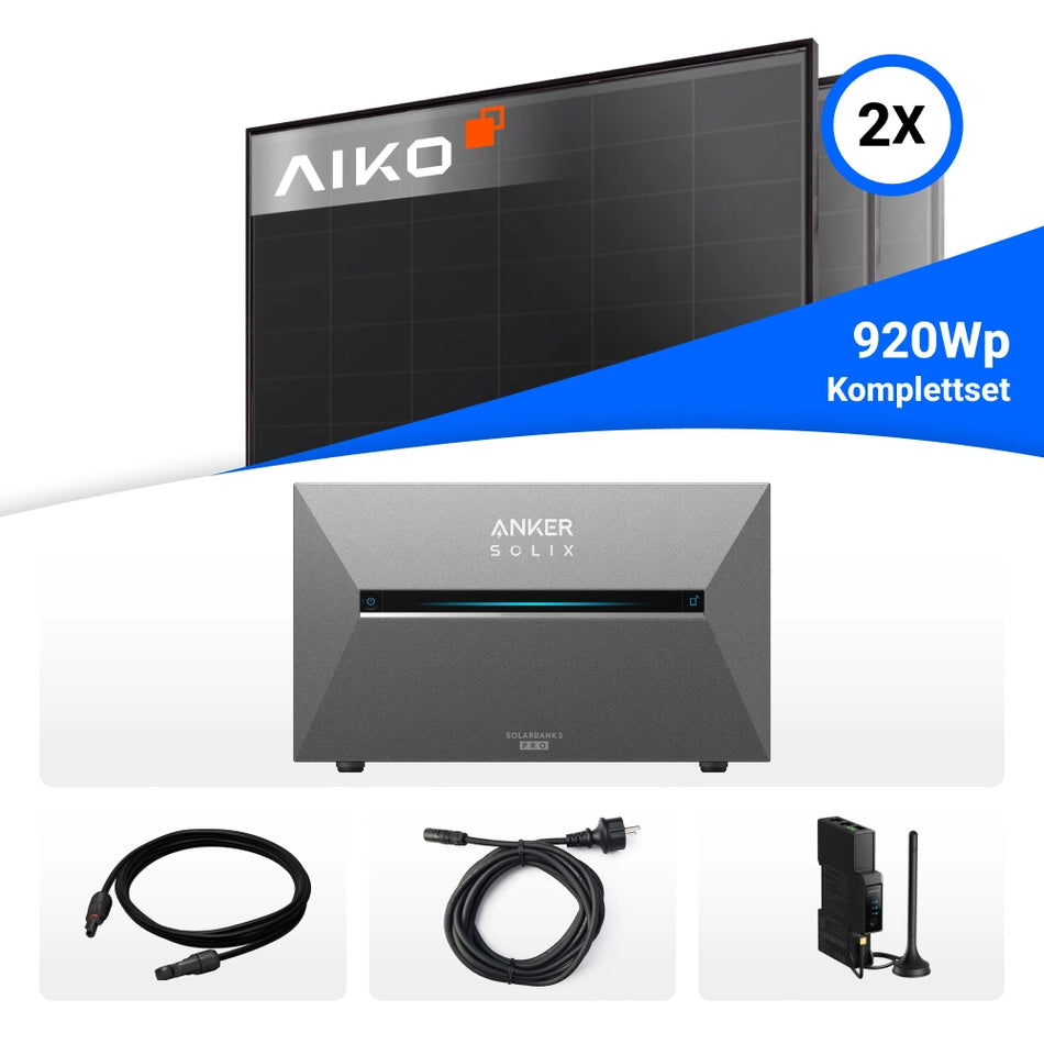 800W/920W Balkonkraftwerk mit Speicher - 2x AIKO 460W Full Black & Anker Solix Solarbank 3 Pro