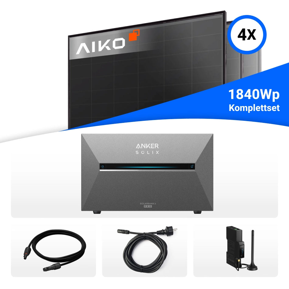 1840W Balkonkraftwerk mit Speicher - 4x AIKO 460W Full Black & Anker Solix Solarbank 3 Pro