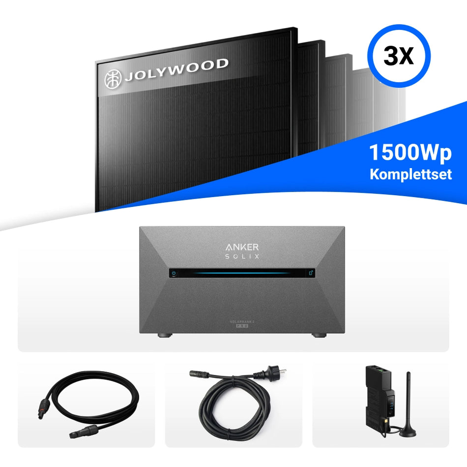 1500W Balkonkraftwerk mit Speicher - 3x Jolywood 500W JW-HD108N-R2 Bifazial Glas-Glas Full Black & Anker Solix Solarbank 2 Pro