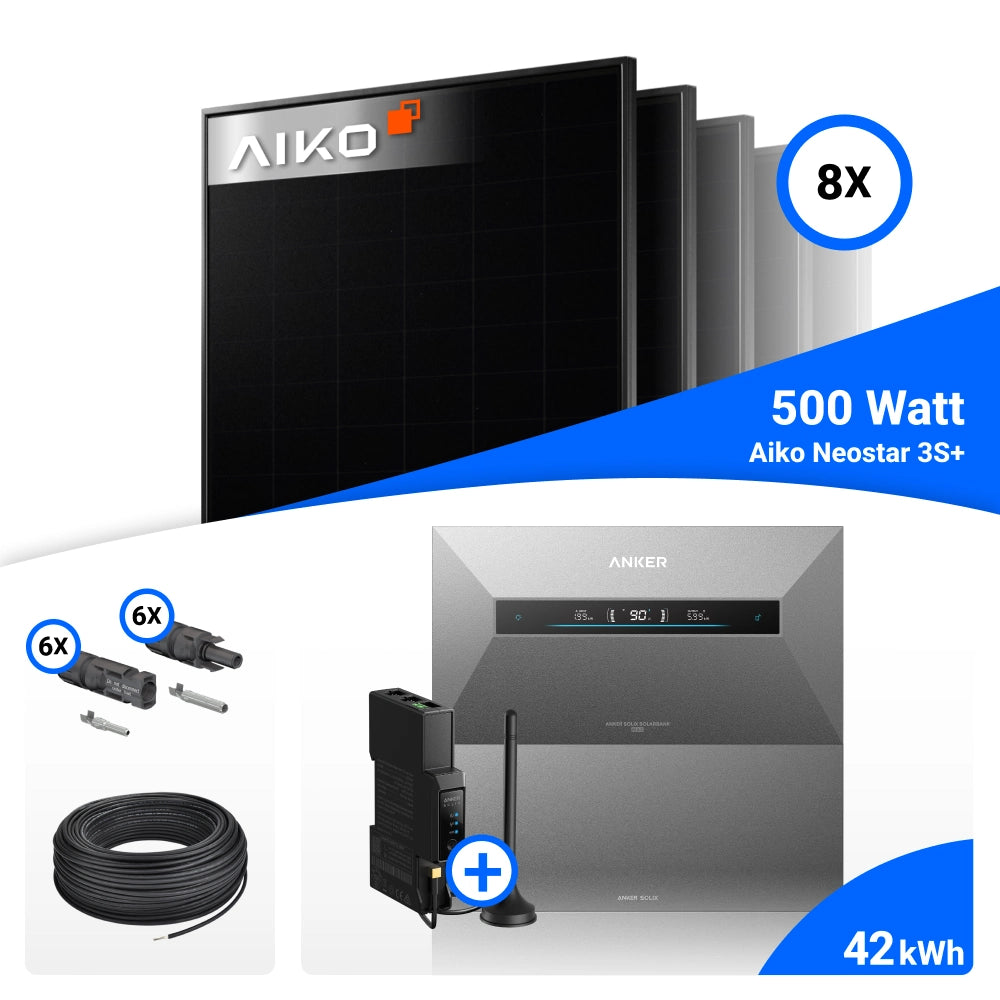 Packungsinhalt im Detail für 4000W Solarkraftwerk mit Speicher - 8x AIKO 500W Full Black bifazial & Anker Solix Max AE111