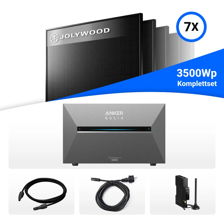 3500W Solarkraftwerk mit Speicher - 7x Jolywood 500W Full Black bifazial & Anker Solix Solarbank 3 Pro